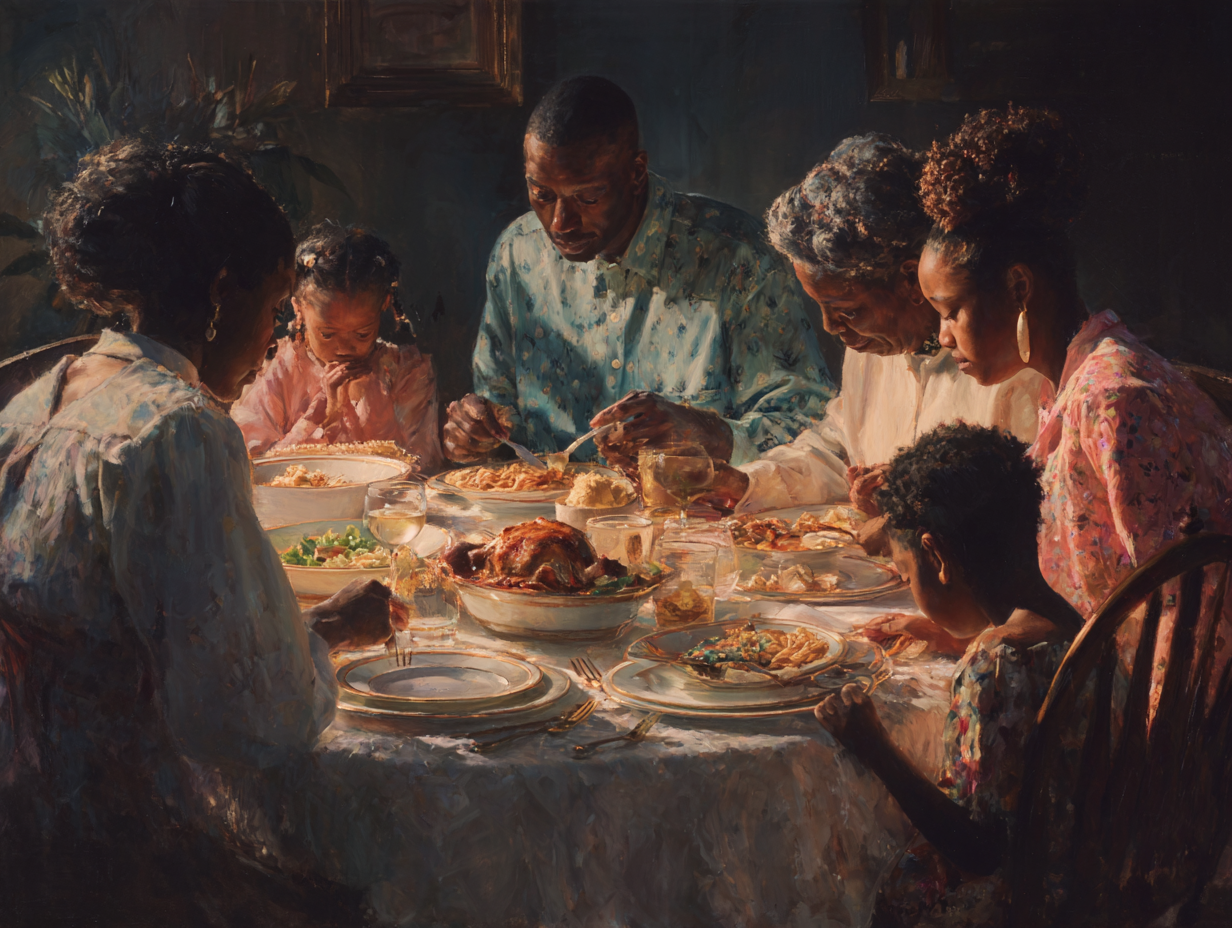 Family gathered around a dining table for a meal, with warm lighting and a focus on togetherness.